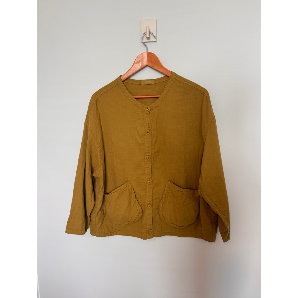 EDIQYIPAL | Jacket Women OS Mustard Yellow Cotton Button Front Lagenlook Chore